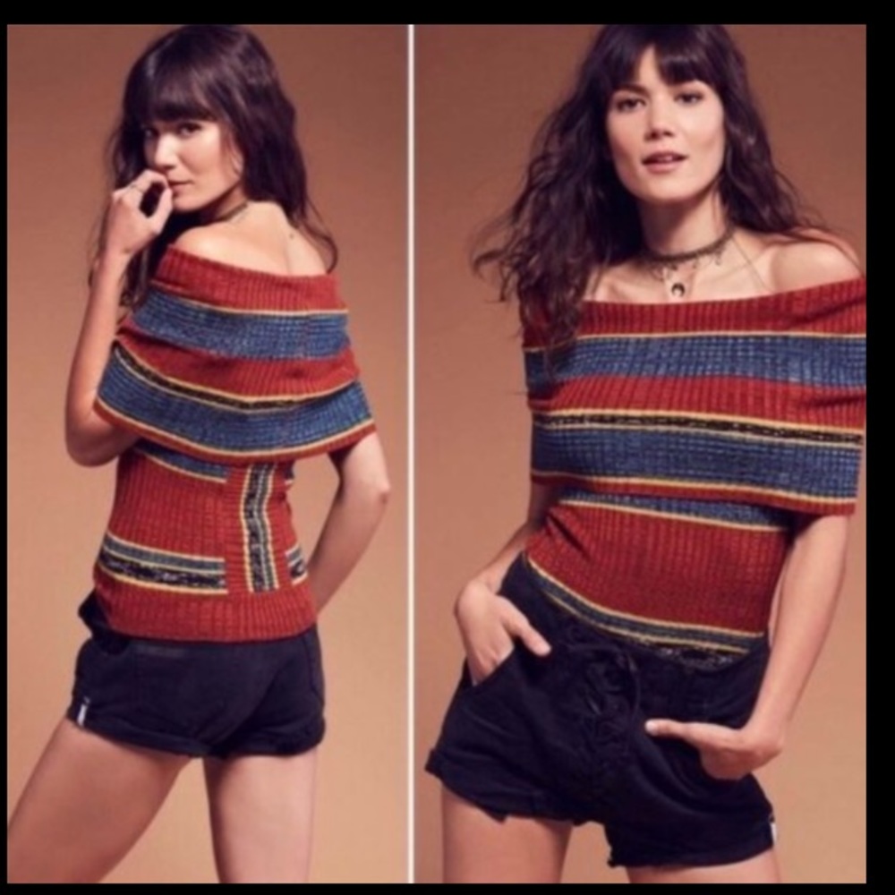 FREE PEOPLE Carly Cowl Striped Ribbed Knit Top XS